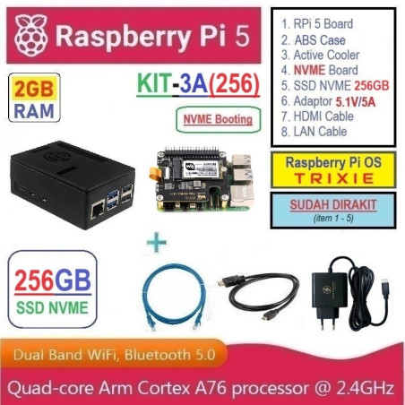 KIT-3A(256)  Raspberry Pi 5 (2GB RAM) KIT NVME SSD 256GB - Complete SET SIAP PAKAI